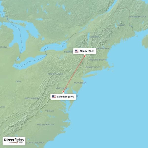 Albany - Baltimore direct flight map
