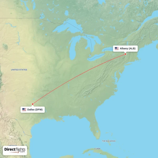 Albany - Dallas direct flight map
