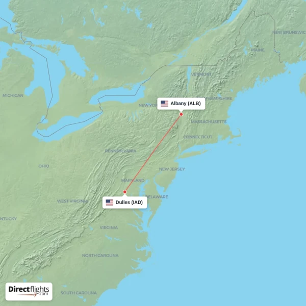 Albany - Dulles direct flight map