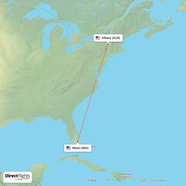 Albany - Miami direct flight map