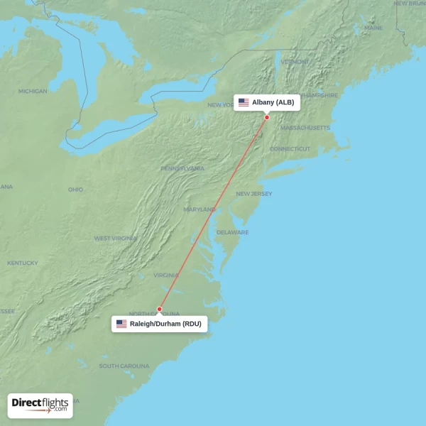 Albany - Raleigh/Durham direct flight map