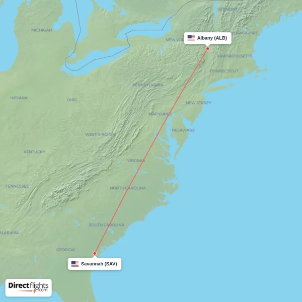 Albany - Savannah direct flight map