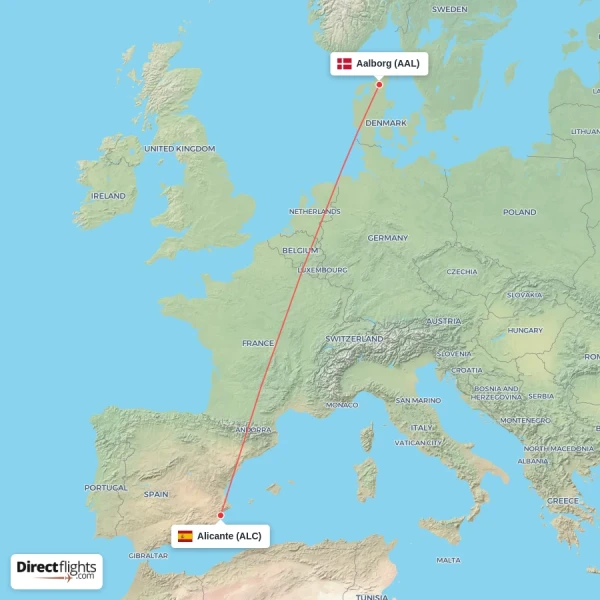 Alicante - Aalborg direct flight map