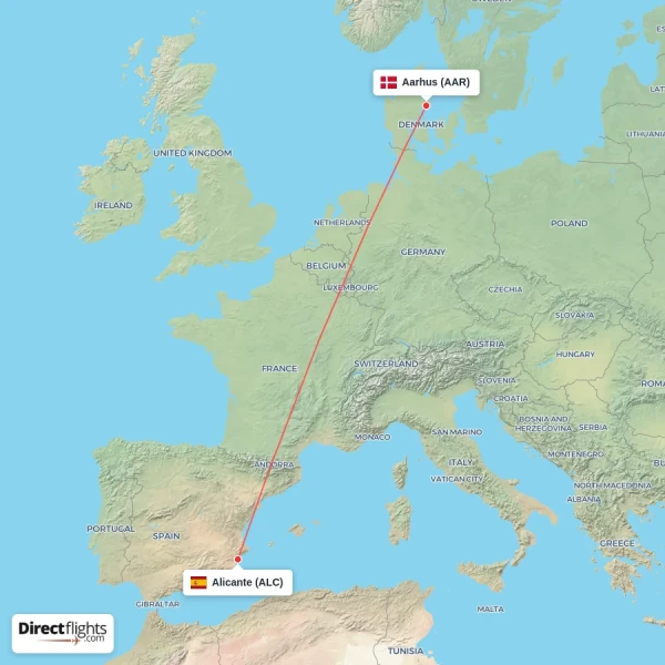 Alicante - Aarhus direct flight map