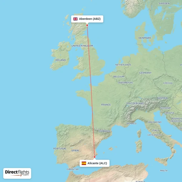 Alicante - Aberdeen direct flight map