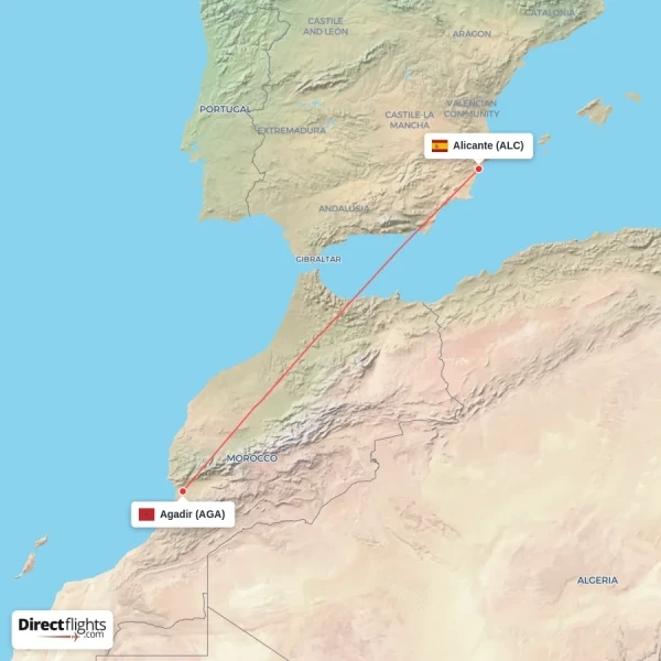 Alicante - Agadir direct flight map