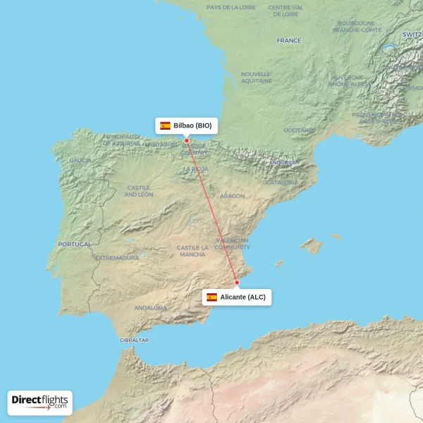Alicante - Bilbao direct flight map