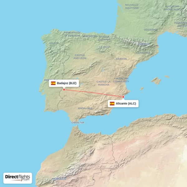 Alicante - Badajoz direct flight map
