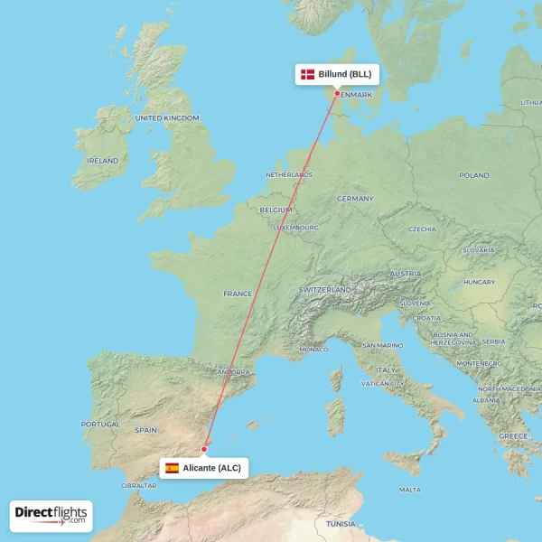Alicante - Billund direct flight map
