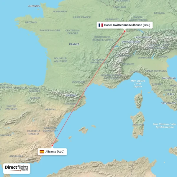 Alicante - Basel, Switzerland/Mulhouse direct flight map