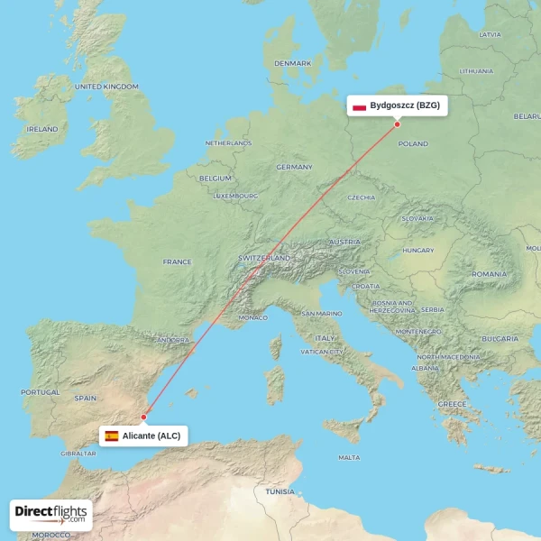 Alicante - Bydgoszcz direct flight map
