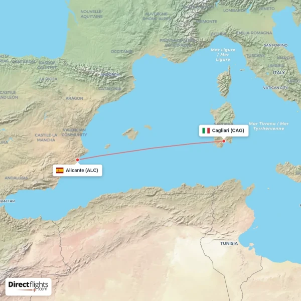 Alicante - Cagliari direct flight map