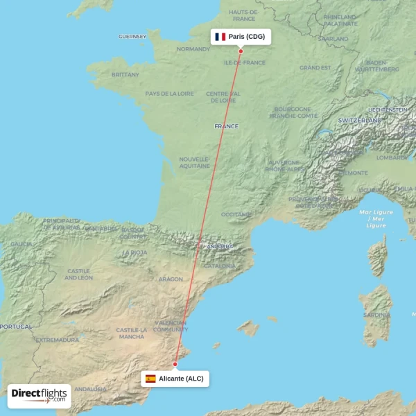 Alicante - Paris direct flight map