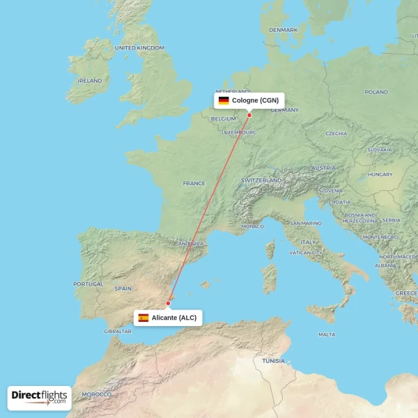 Alicante - Cologne direct flight map