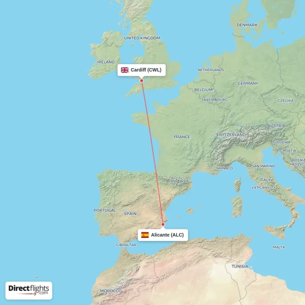 Alicante - Cardiff direct flight map