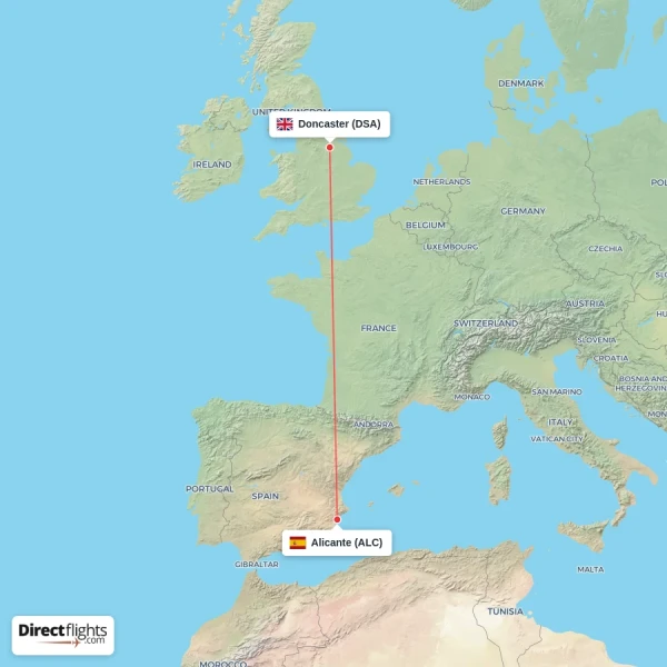 Alicante - Doncaster direct flight map