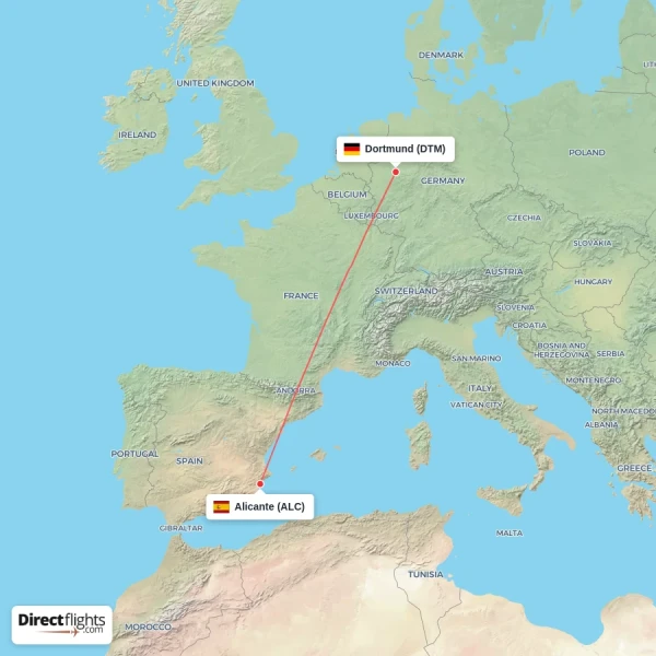 Alicante - Dortmund direct flight map