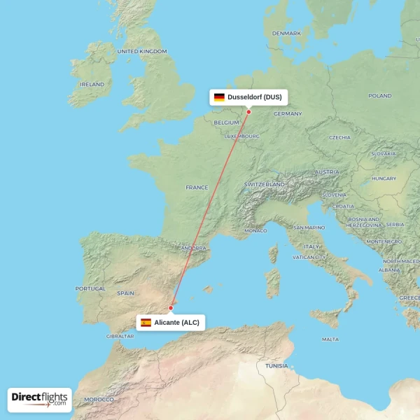 Alicante - Dusseldorf direct flight map