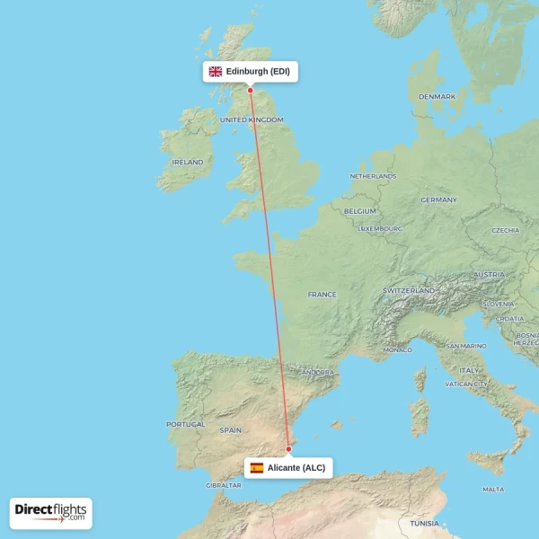 Alicante - Edinburgh direct flight map