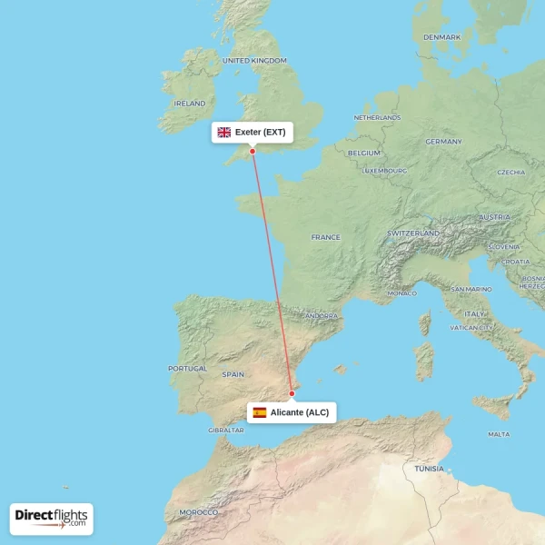 Alicante - Exeter direct flight map