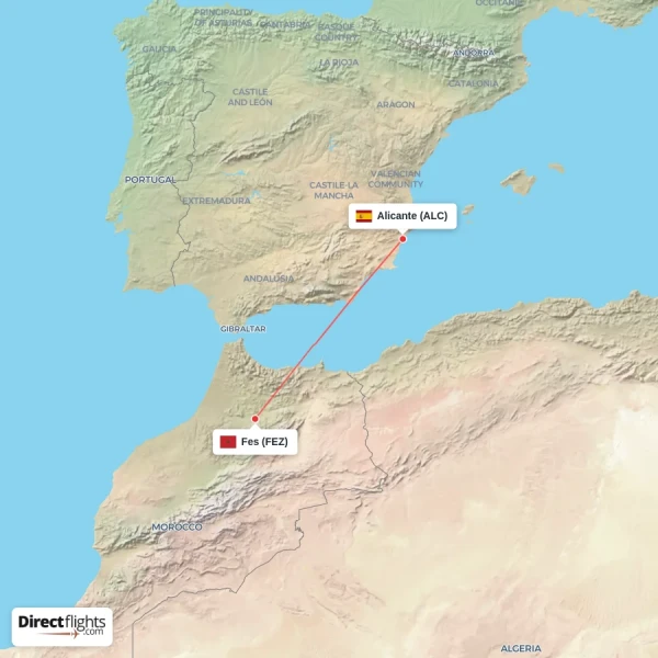Alicante - Fes direct flight map