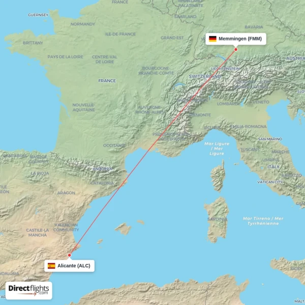 Alicante - Memmingen direct flight map