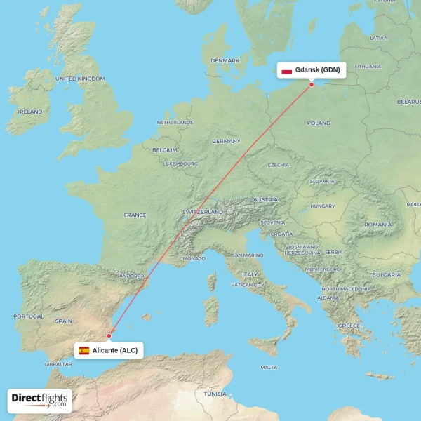 Alicante - Gdansk direct flight map