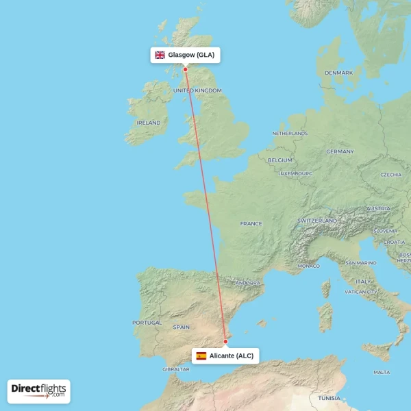 Alicante - Glasgow direct flight map
