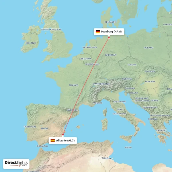 Alicante - Hamburg direct flight map
