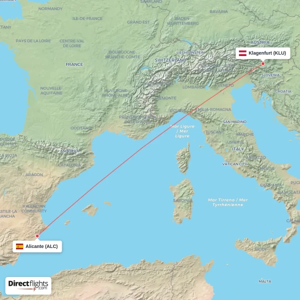 Alicante - Klagenfurt direct flight map