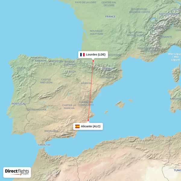 Alicante - Lourdes direct flight map