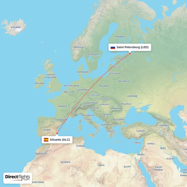 Alicante - Saint Petersburg direct flight map
