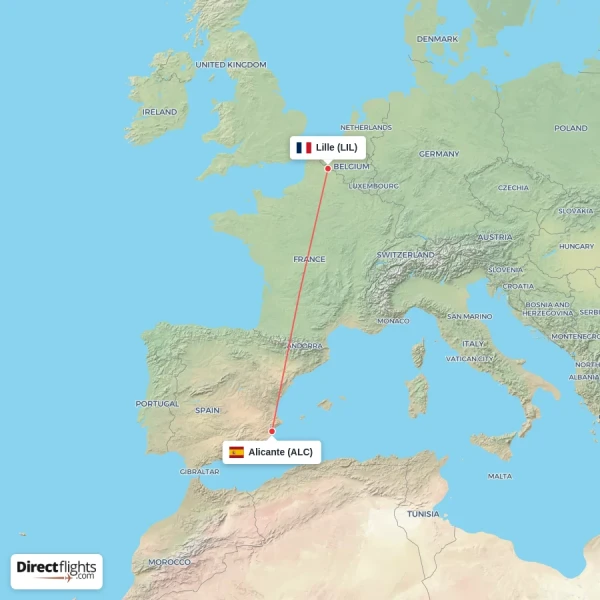 Alicante - Lille direct flight map