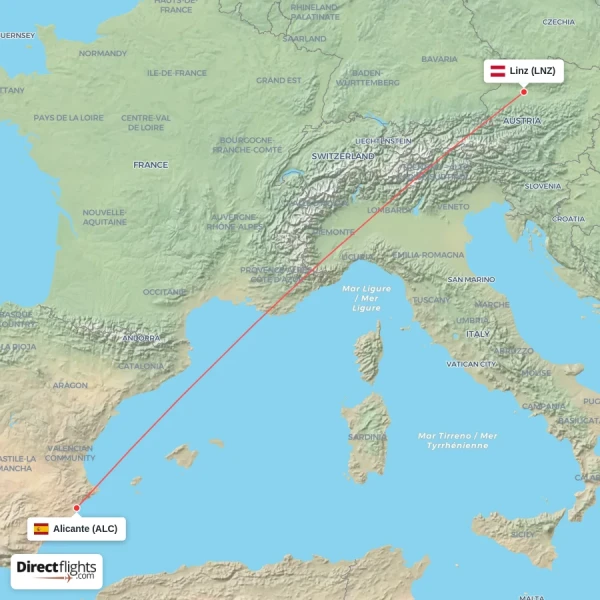 Alicante - Linz direct flight map