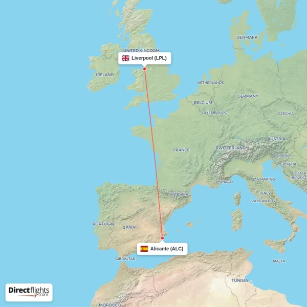 Alicante - Liverpool direct flight map