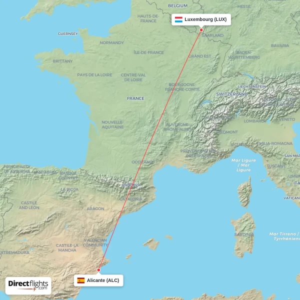 Alicante - Luxembourg direct flight map