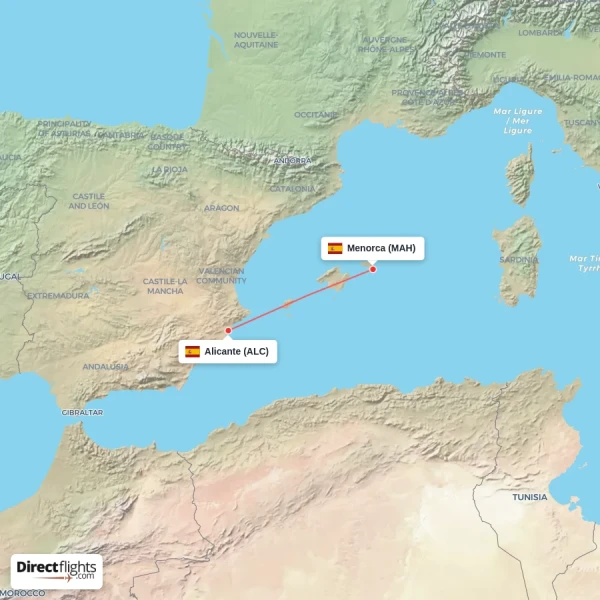 Alicante - Menorca direct flight map