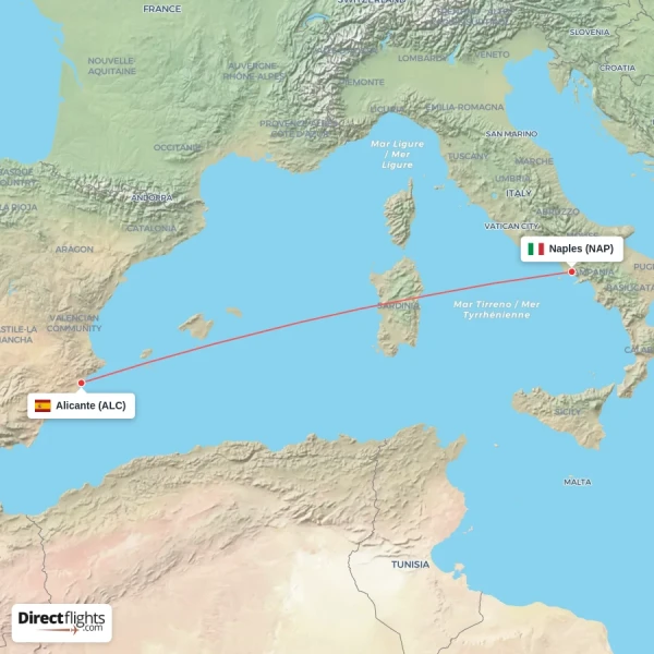 Alicante - Naples direct flight map