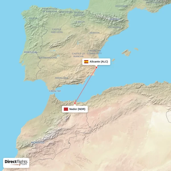 Alicante - Nador direct flight map