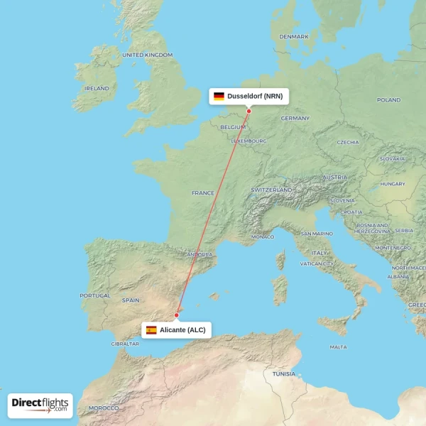 Alicante - Dusseldorf direct flight map