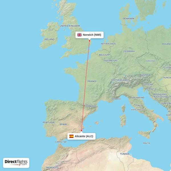Alicante - Norwich direct flight map