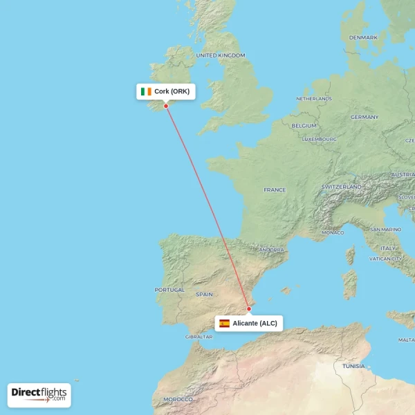 Alicante - Cork direct flight map