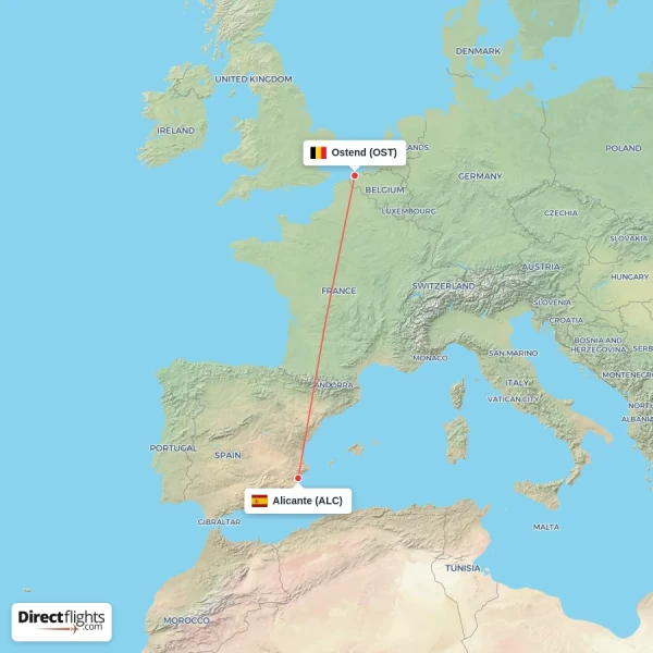 Alicante - Ostend direct flight map