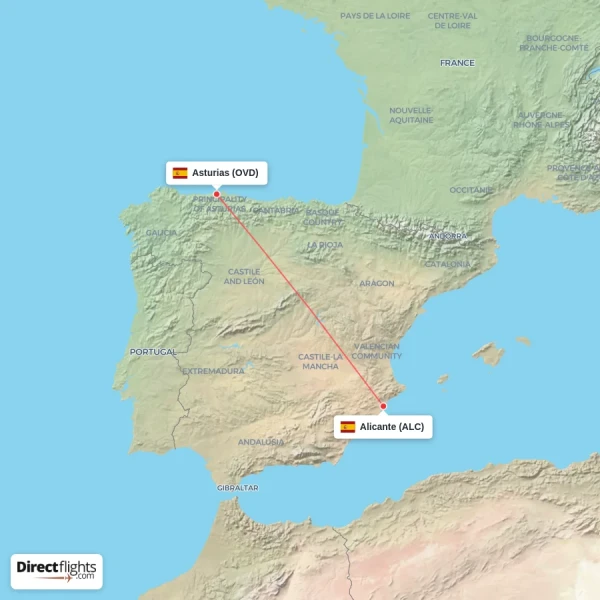 Alicante - Asturias direct flight map