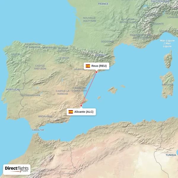 Alicante - Reus direct flight map