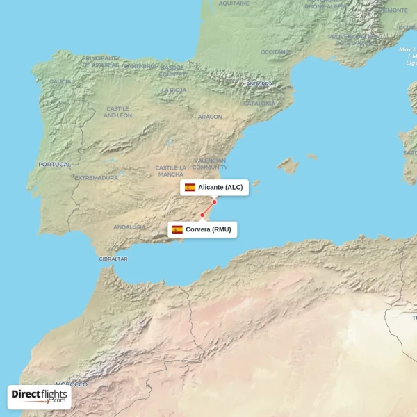 Alicante - Corvera direct flight map