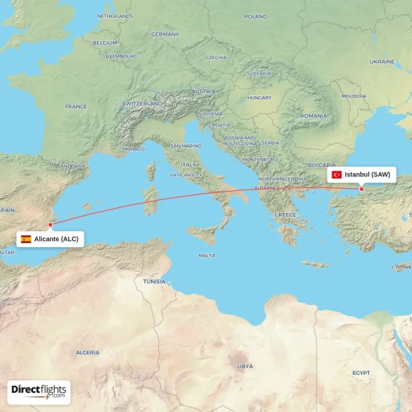 Alicante - Istanbul direct flight map