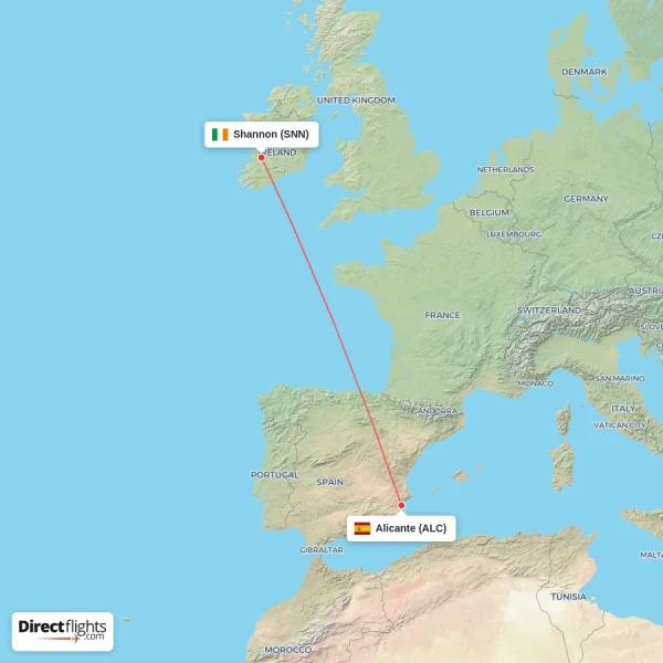 Alicante - Shannon direct flight map