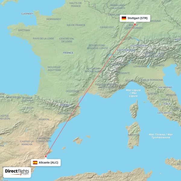 Alicante - Stuttgart direct flight map