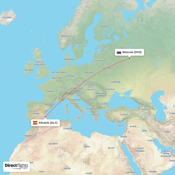 Alicante - Moscow direct flight map